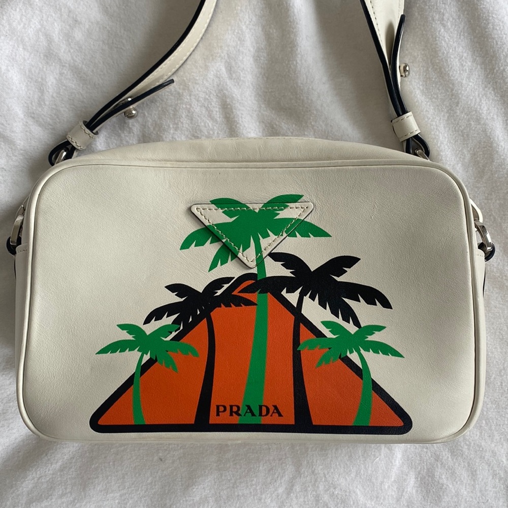 PRADA 2018 City Calf Palm Tree Print Camera Bag White Papaya